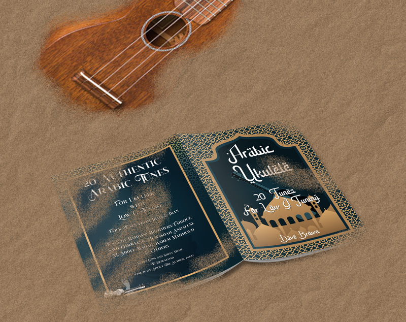 open book and ukulele partially covered in sand